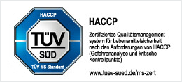 TÜV SÜD HACCP Logo Logo von TÜV SÜD mit dem Text 'HACCP' und dem Hinweis auf ein zertifiziertes Qualitätsmanagementsystem für Lebensmittelsicherheit.