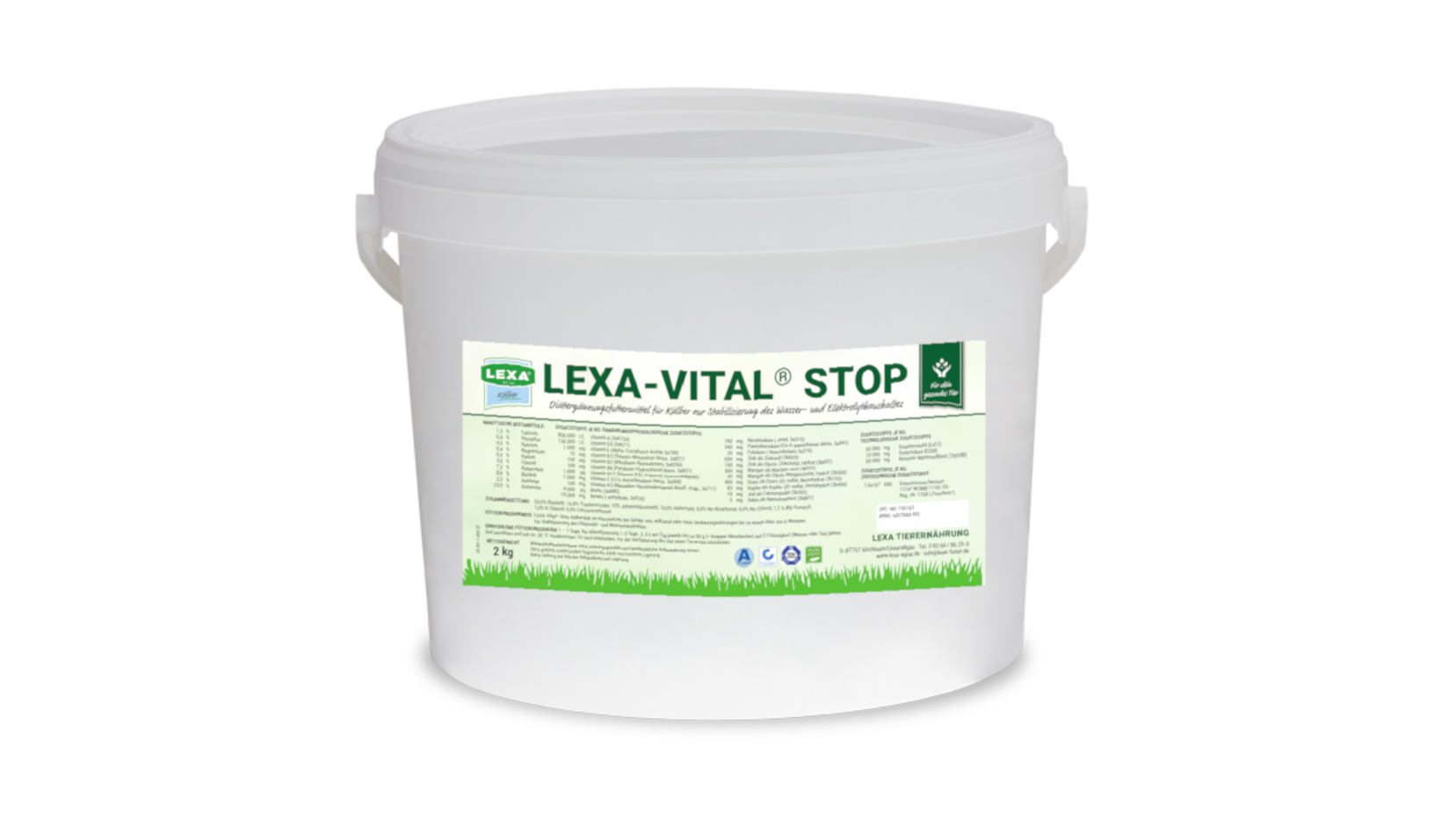 Vital Stopp Weißer Eimer aus Kunstoff mi grünem Etikett