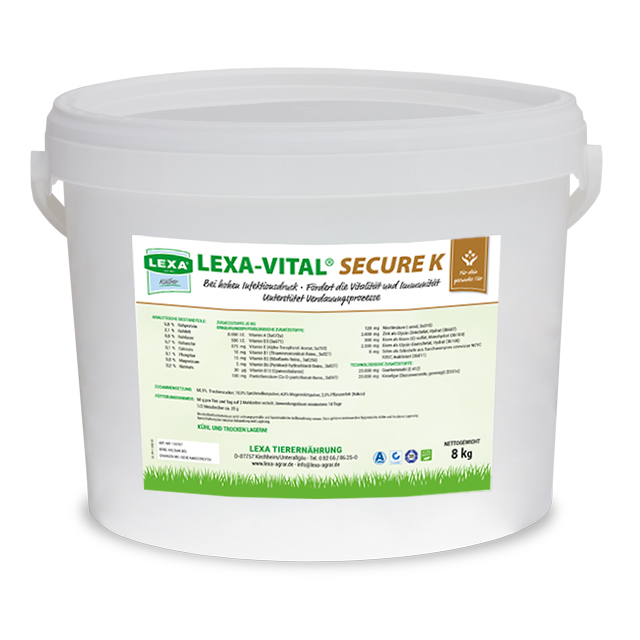 LEXA-VITAL® SECURE K, 8 kg Eimer Eimer mit LEXA-VITAL® SECURE K, 8 kg, enthält Informationen zu Inhaltsstoffen und Anwendung.