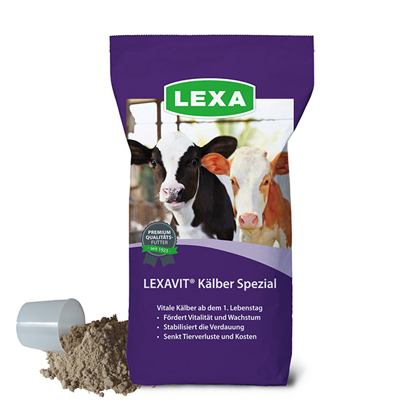 LEXAVIT Kälber Spezial Futter LEXAVIT Kälber Spezial, Futter für Kälber zur Förderung von Vitalität und Wachstum, in einer lila Verpackung.