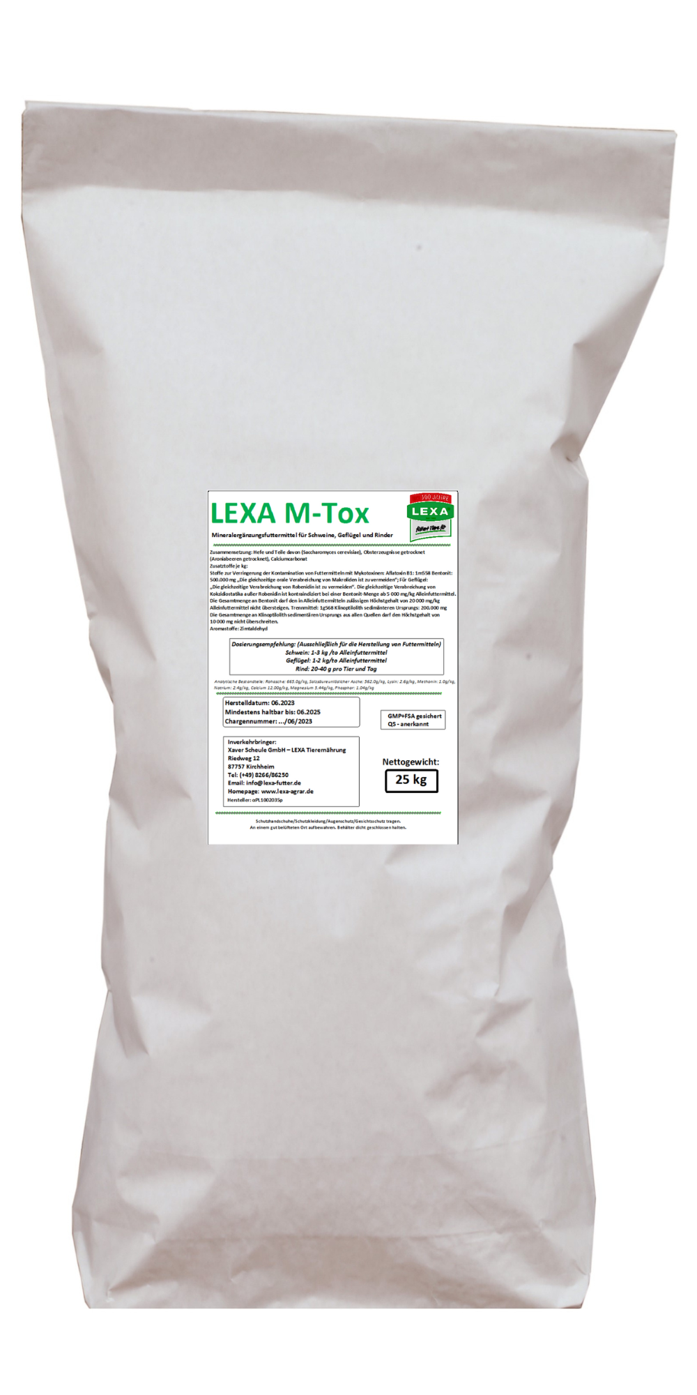 LEXA M-Tox Produktverpackung Weißer Sack mit der Aufschrift 'LEXA M-Tox', enthält 25 kg des Produkts.